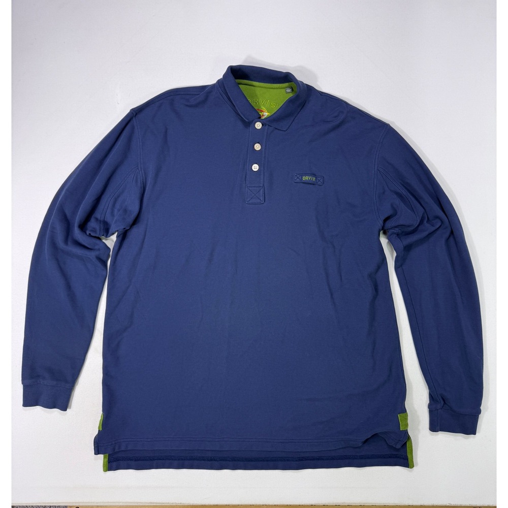 Orvis Mens Long Sleeve Polo Shirt Blue Cotton Pique Large Tall 2JJK Outdoor